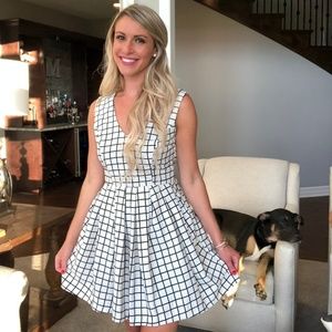 White and Black Fit and Flare V-Neck Dress